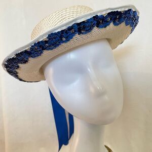 Vintage Cream Straw Gondolier Hat with Sequin Trim and Blue Satin Ribbons